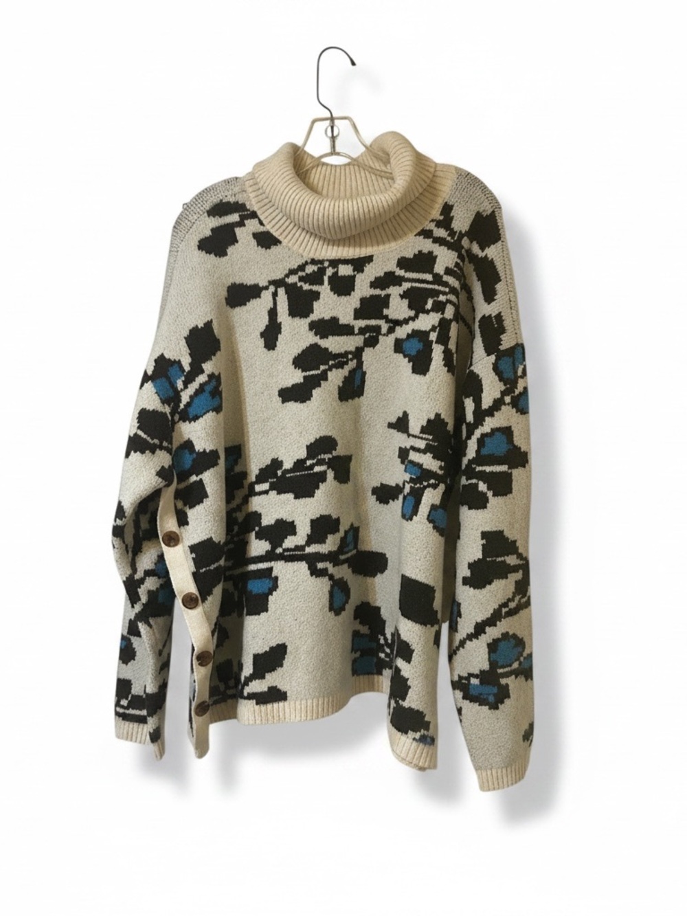 St. John's Bay Cream Turtleneck Sweater with Black and Blue Floral Motif